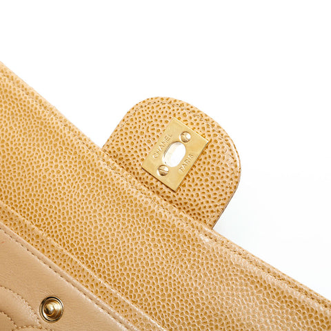 CHANEL No. 8 2003-2004 Caviar Skin Double Flap Matelasse 9.8" Chain Shoulder Bag beige WS23068