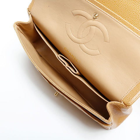 CHANEL No. 8 2003-2004 Caviar Skin Double Flap Matelasse 9.8" Chain Shoulder Bag beige WS23068