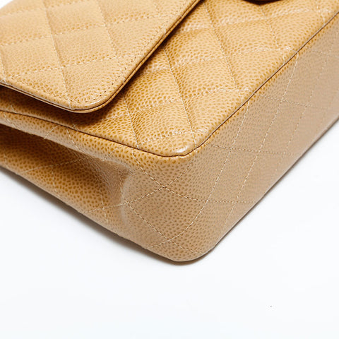 CHANEL No. 8 2003-2004 Caviar Skin Double Flap Matelasse 9.8" Chain Shoulder Bag beige WS23068