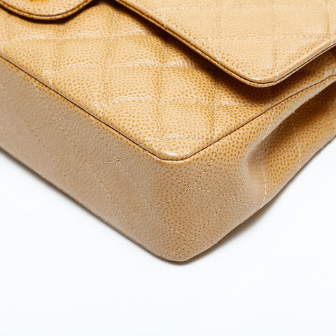 CHANEL No. 8 2003-2004 Caviar Skin Double Flap Matelasse 9.8" Chain Shoulder Bag beige WS23068