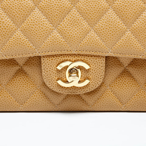 CHANEL No. 8 2003-2004 Caviar Skin Double Flap Matelasse 9.8" Chain Shoulder Bag beige WS23068