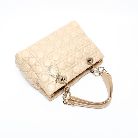 Christian Dior Cannage Lambskin Chain Tote Shoulder Bag beige WS23070