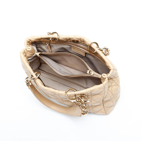 Christian Dior Cannage Lambskin Chain Tote Shoulder Bag beige WS23070