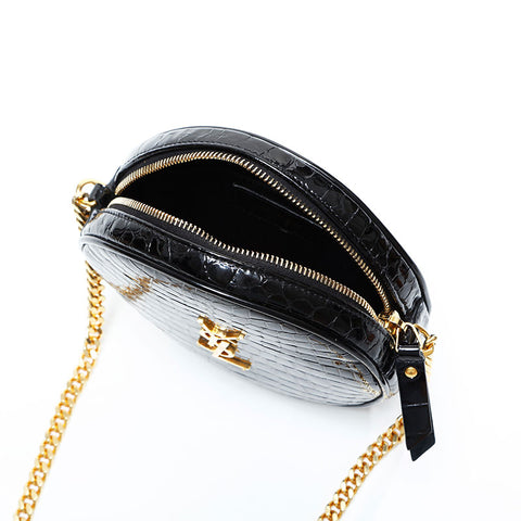 YVES SAINT LAURENT Patent leather embossed round Shoulder Bag black WS23117