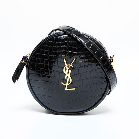 YVES SAINT LAURENT Patent leather embossed round Shoulder Bag black WS23117