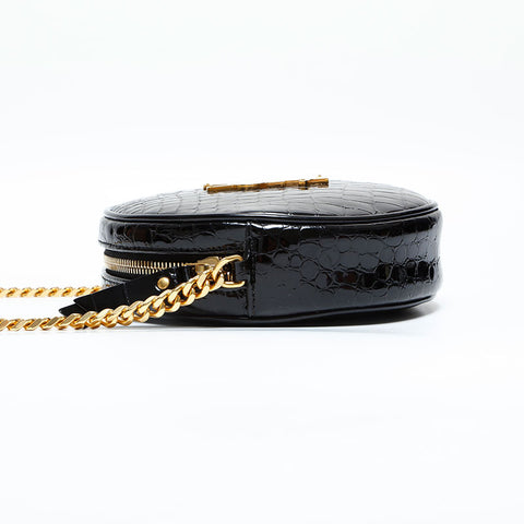 YVES SAINT LAURENT Patent leather embossed round Shoulder Bag black WS23117