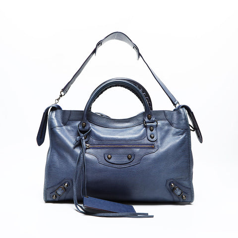 BALENCIAGA Classic City 2-way Embossed Leather Handbag Navy WS23121