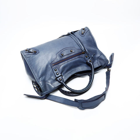 BALENCIAGA Classic City 2-way Embossed Leather Handbag Navy WS23121