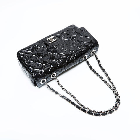 CHANEL No. 14 2010-2011 Icon Motif Embossed Patent Leather Matelasse Shoulder Bag black WS23131