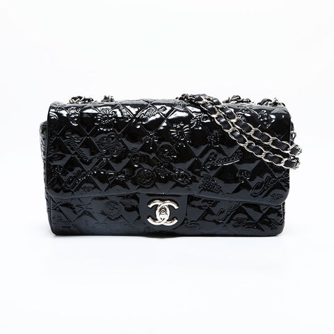 CHANEL No. 14 2010-2011 Icon Motif Embossed Patent Leather Matelasse Shoulder Bag black WS23131