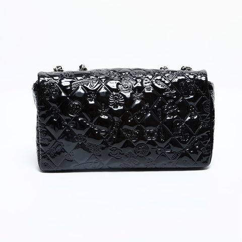 CHANEL No. 14 2010-2011 Icon Motif Embossed Patent Leather Matelasse Shoulder Bag black WS23131