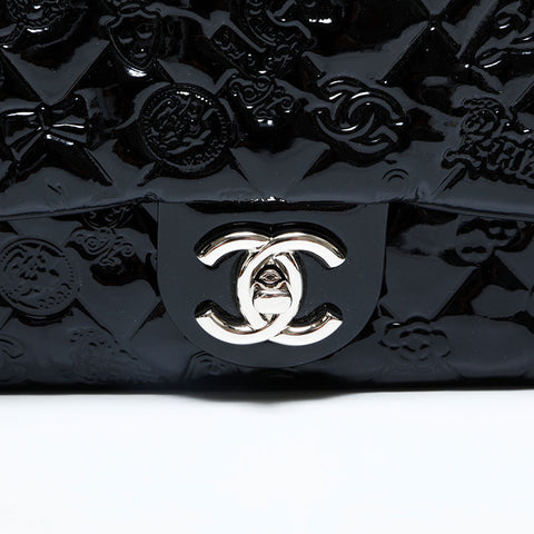 CHANEL No. 14 2010-2011 Icon Motif Embossed Patent Leather Matelasse Shoulder Bag black WS23131