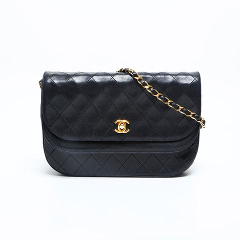 CHANEL 1980s Double Flap Lambskin Diamond Stitch Chain Bag Shoulder Bag black WS23138