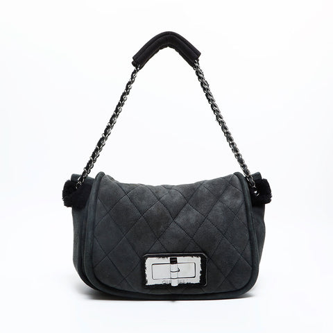 CHANEL No. 9 2004-2005 Suede Flap Boa 2.55 Mouton Shoulder Bag black WS23145