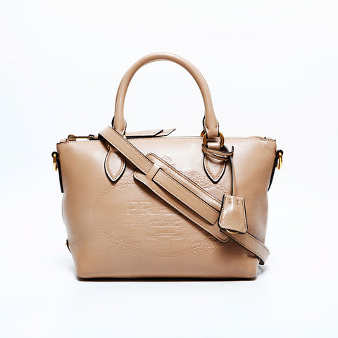 PRADA Logo embossed leather 2way Handbag beige WS23151