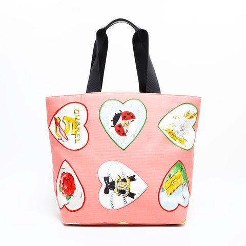 CHANEL 10 series 2005-2006 Valentine Heart Canvas Tote Bag pink WS23156