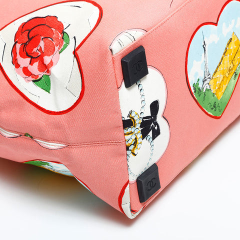 CHANEL 10 series 2005-2006 Valentine Heart Canvas Tote Bag pink WS23156
