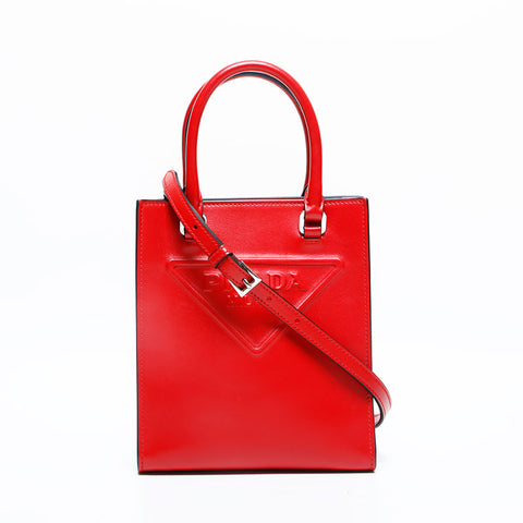 PRADA Leather Triangle Logo Embossed Leather Mini Tote 2-Way Handbag Red WS23157