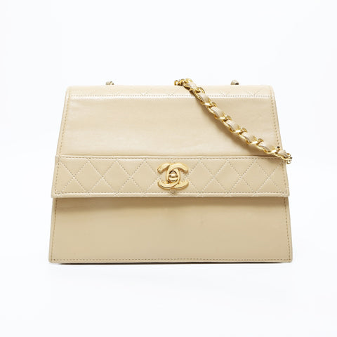 CHANEL No. 1 1989-1991 Lambskin Flap Chain Diamond Stitch Shoulder Bag beige WS23158