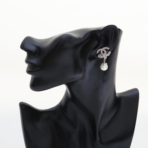 CHANEL A13C 2013 COCO Mark Rhinestone Pearl Drop Earring Silver WS23201