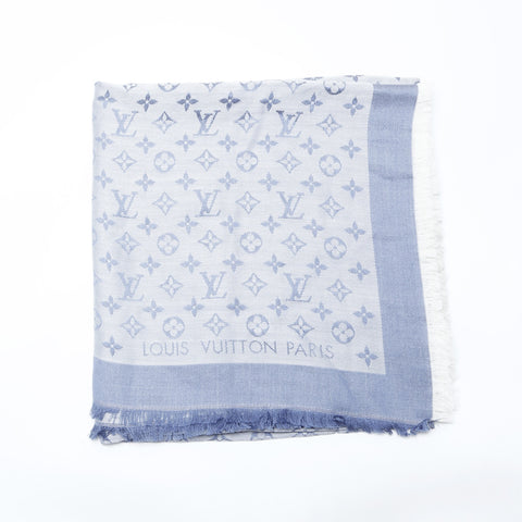 LOUIS VUITTON Wool x Silk Monogram Shawl Denim Scarf blue WS23226