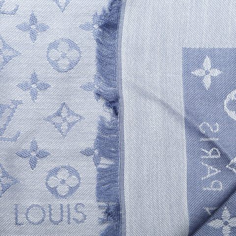 LOUIS VUITTON Wool x Silk Monogram Shawl Denim Scarf blue WS23226