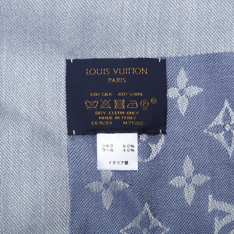 LOUIS VUITTON Wool x Silk Monogram Shawl Denim Scarf blue WS23226
