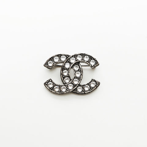 CHANEL C21A 2021 COCO Mark Gunmetal Rhinestone Brooch Silver WS23264