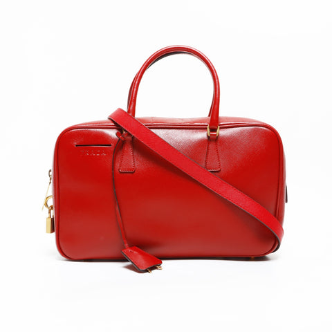 PRADA Saffiano Leather 2-Way Boston Bag Handbag Red WS23279
