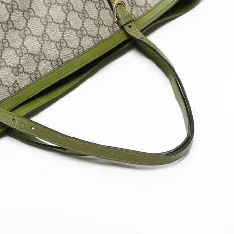 GUCCI GG Supreme Green Leather PVC Tote Bag beige WS23288