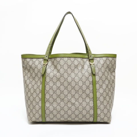 GUCCI GG Supreme Green Leather PVC Tote Bag beige WS23288