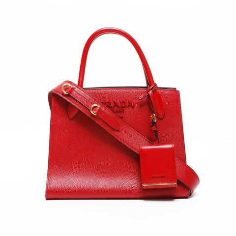 PRADA Monochrome Leather 2way Handbag Red WS23293