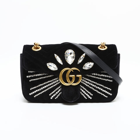 GUCCI Velour GG Marmont with Rhinestones Shoulder Bag black WS23323