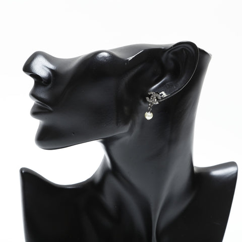 CHANEL 10A 2010 Rhinestone COCO Mark Pearl Pierce Silver WS23343