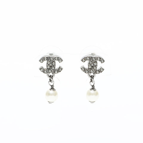 CHANEL 10A 2010 Rhinestone COCO Mark Pearl Pierce Silver WS23343