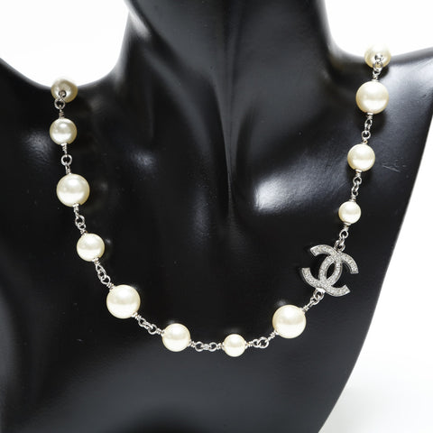 CHANEL A12A 2012 COCO Mark Pearl Rhinestone Necklace Silver WS23347