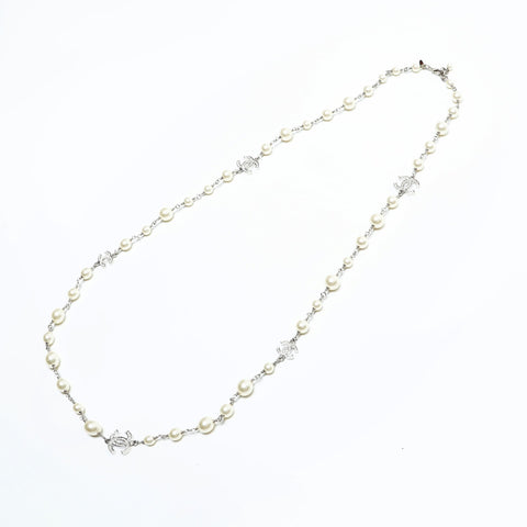 CHANEL A12A 2012 COCO Mark Pearl Rhinestone Necklace Silver WS23347