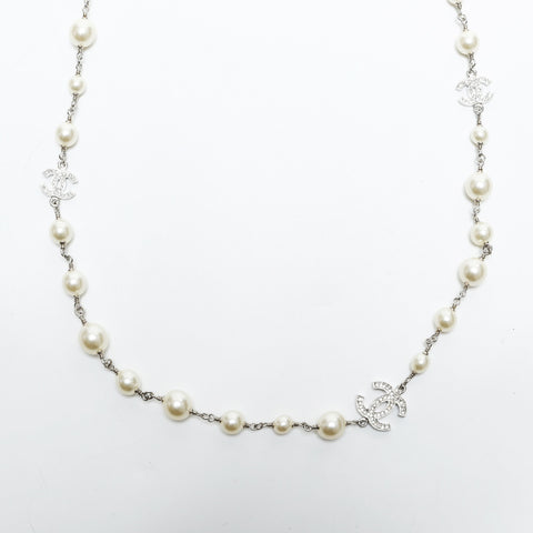 CHANEL A12A 2012 COCO Mark Pearl Rhinestone Necklace Silver WS23347