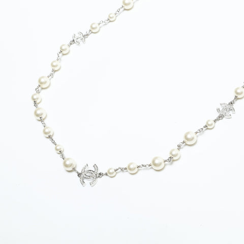 CHANEL A12A 2012 COCO Mark Pearl Rhinestone Necklace Silver WS23347