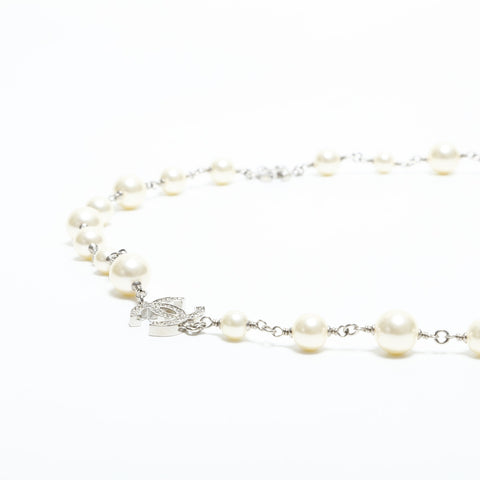 CHANEL A12A 2012 COCO Mark Pearl Rhinestone Necklace Silver WS23347
