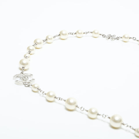 CHANEL A12A 2012 COCO Mark Pearl Rhinestone Necklace Silver WS23347