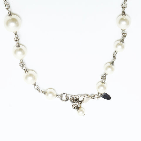CHANEL A12A 2012 COCO Mark Pearl Rhinestone Necklace Silver WS23347
