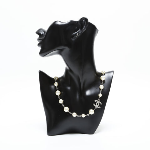 CHANEL A12A 2012 COCO Mark Pearl Rhinestone Necklace Silver WS23347
