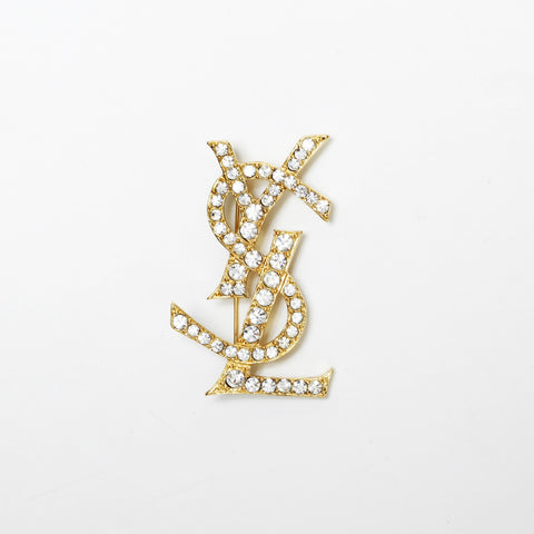YVES SAINT LAURENT Logo rhinestone Brooch gold WS23355