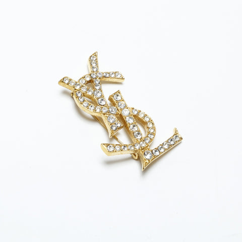 YVES SAINT LAURENT Logo rhinestone Brooch gold WS23355