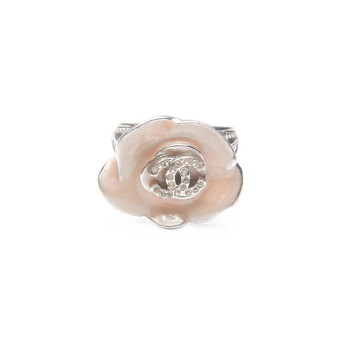 CHANEL #14 COCO Mark Rhinestone Camellia 04P 2004 Ring Silver WS23423