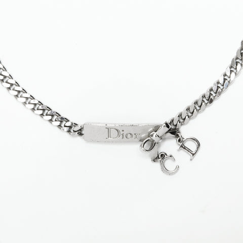 Christian Dior Logo Plate Ribbon Necklace Silver WS23427