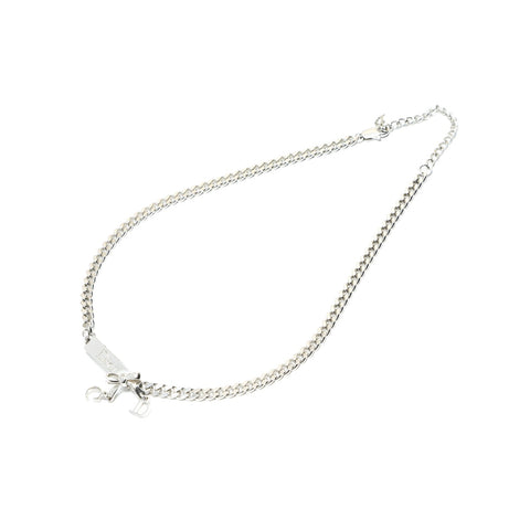 Christian Dior Logo Plate Ribbon Necklace Silver WS23427