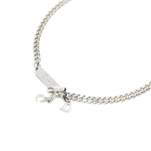 Christian Dior Logo Plate Ribbon Necklace Silver WS23427