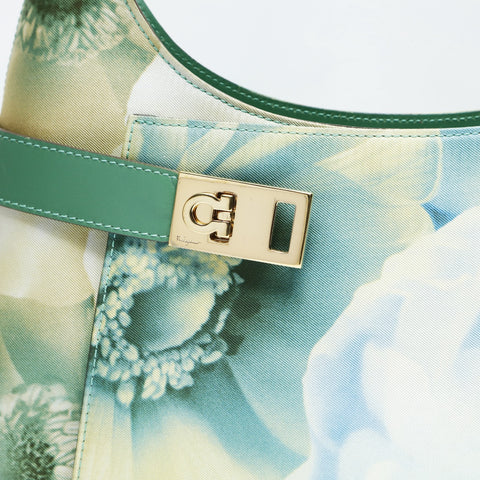 Salvatore Ferragamo Gancini cotton canvas with floral print Shoulder Bag green WS23441